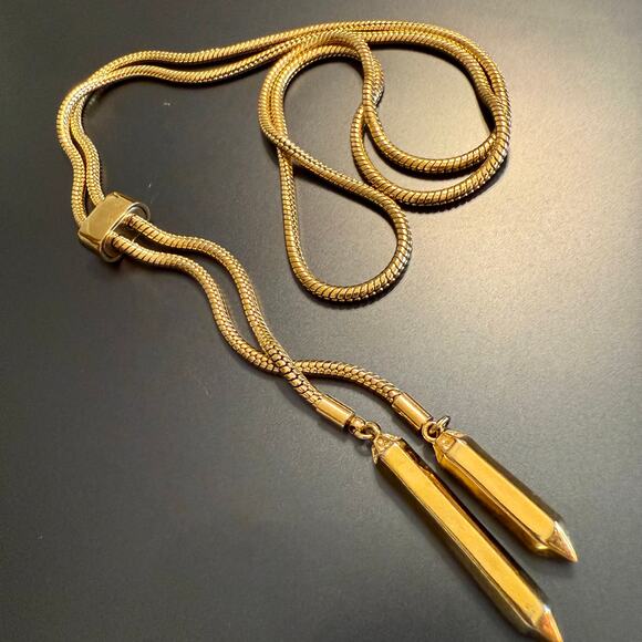 Gold Tone Snake Chain Lariat Necklace w/ Obelisk Pendants - Picture 3 of 8